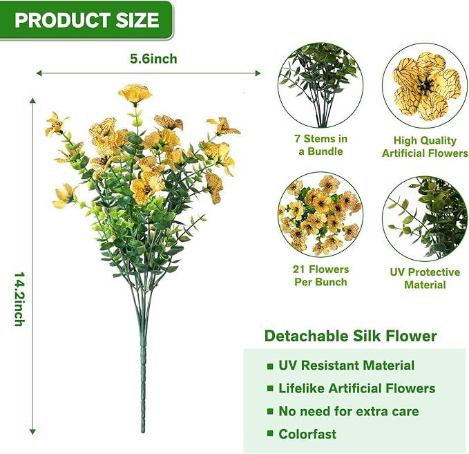 Artificial Flowers Fake Plants for Outdoors Spring Decoration, 13Bundles Silk Realistic UV Resistant Faux Flowers for Outside Planter Porch Yard Patio Garden Home Indoor, Yellow