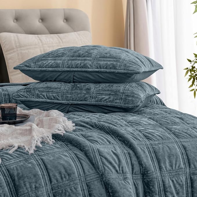 PHF Ultra Soft Velvet Quilt Set Queen Size – 3PCS Luxurious Cozy Quilted Comforter Alternative with Diamond Pattern, Warm Quilted Bedspread Coverlet, 90" x 92", Stormy Blue