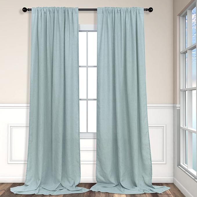 Aqua Curtains 108 Inches Long for Kids Room 2 Panels Set Back Tab Pocket Drapes Light Filtering Semi Sheer Linen Polyester Farmhouse Mint Green Curtain for Living Dining Sliding Seafoam Teal Grey 9 FT