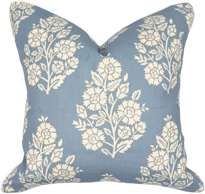 Jillien Harbor "The Hazel Bright Blue White Floral Pillow Cover Grandmillennial Home Decor Blockprint Pillow Cover 20" x 20"