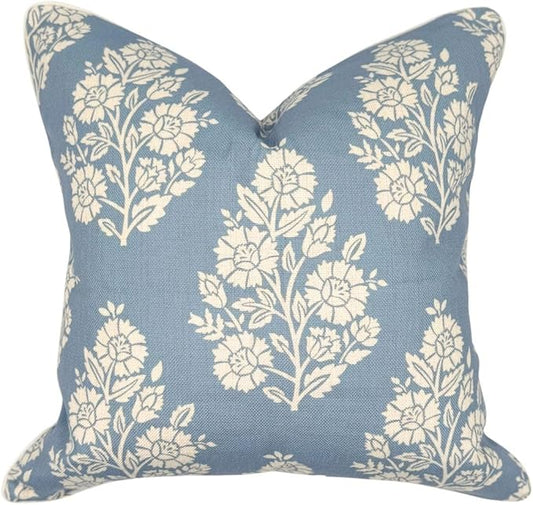 Jillien Harbor "The Hazel Bright Blue White Floral Pillow Cover Grandmillennial Home Decor Blockprint Pillow Cover 20" x 20"