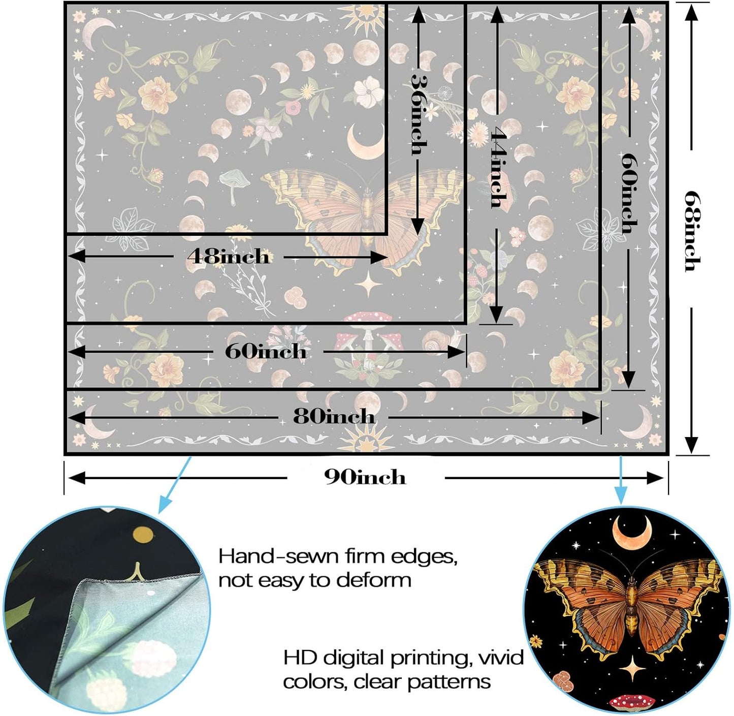 Aipon Orange Butterfly Moon Flower Tapestry Botanical Floral Plant Boho Tapestry for Bedroom Aesthetic Vintage Tapestries Wall Hanging for Living Room Dorm (60.00'' × 80.00'', Orange)