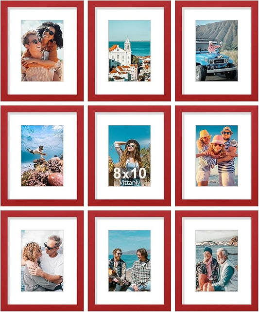 Vittanly 8x10 Picture Frames Set of 9, Shatter Resistant Plexiglass, Display 5x7 Pictures with Mat or 8x10 without Mat, Photo Frames for Wall or Tabletop, Engineered Wood, Red