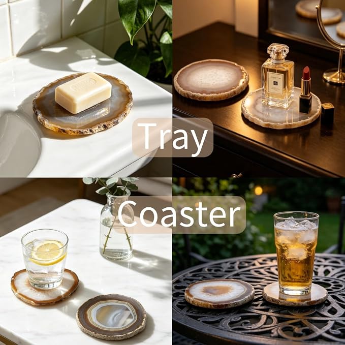 Natural Agate Coaster for Drinks Sliced Geode Coasters with Rubber Bumpers 4-5" Home Decoration for Coffee Wine or Bar Glasses Set of 4