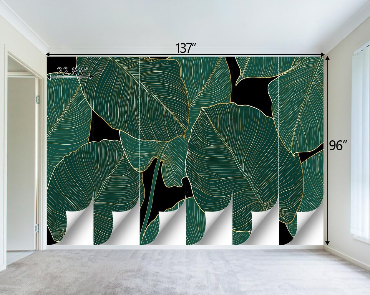 Black and Gold Leaf Mural Bedroom Tropical Green Botanical Wallpaper Room Plant Decor Living Room tv Background Large Wall Mural - 137"x96" (Not Peel and Stick)