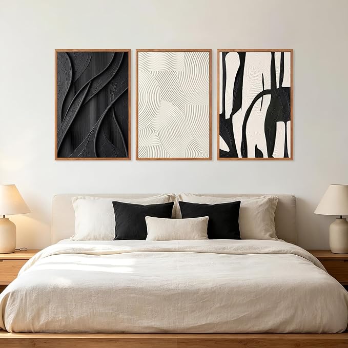 CHDITB 3D Textured Framed Canvas Wall Art Set, Black White Geometric Abstract Curve Impasto Minimalist Wall Decor, Modern Relief Art Prints for Living Room Hallway Bedroom Home Wall Decor 24"x36"x3