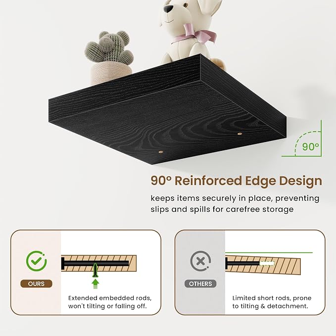 Marsmiles Square Floating Shelves for Wall, 12" W x 12" D x 1.5" H, 3 Pack Small Wall Mounted Engineered Wood Shelves with Invisible Brackets for Living Room, Bedroom, Bathroom, Kitchen Decor, Black