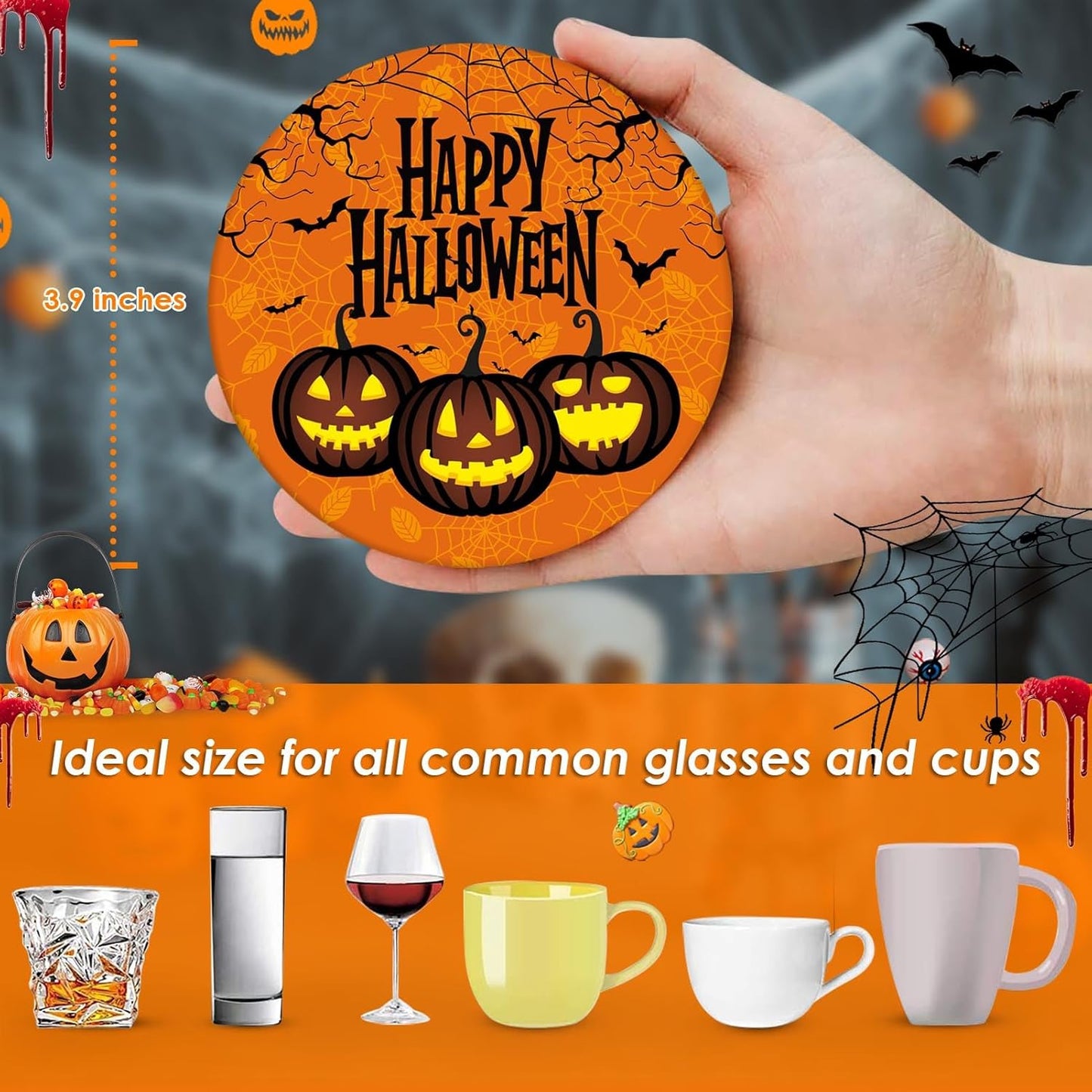 Coaster for Drinks Set of 6, Happy Halloween Trick or Treat Pumpkin Absorbent Round Ceramic Stone Mat, with Cork Base and Metal Holder, Gift for Housewarming Room Bar Decor