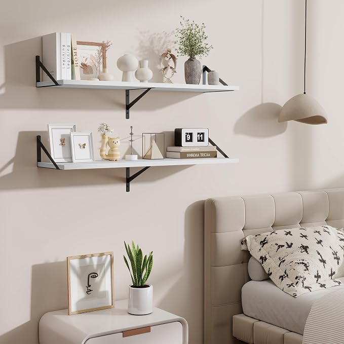 Acovy Floating Shelves for Wall,40" Wall Mounted Shelves Set of 2,Long Wood Floating Shelves,Hanging Wide Display & Storage Shelf with Metal Brackets for Bathroom,Bedroom,Kitchen,Living Room,White