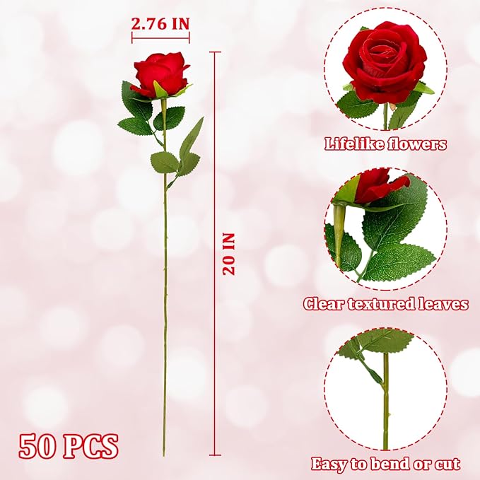 Wondrus Bulk Artificial Flowers 50 PCS, Fake Velvet Silk Red Roses with Long Stems Realistic Bouquet for Wedding Centerpieces, Faux Arrangement for Home Table Decor