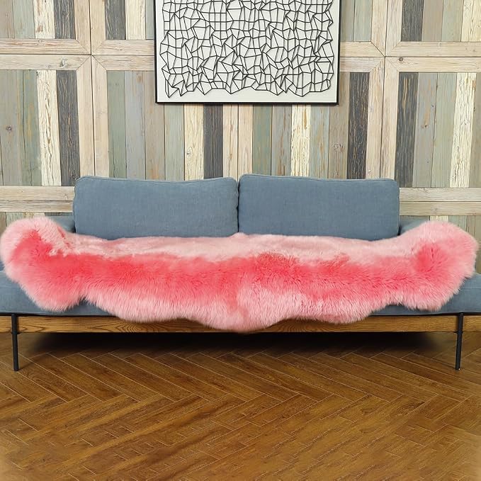 IRIWOOL Premium Genuine Fur Sheepskin Rug Real Australia Sheepskin Natural Luxury Fluffy Lambskin Fur Area Rug Seat Covers for Kids Bedroom Sofa Chair Cover (Pink, Double Pelt/2ft x 6ft)