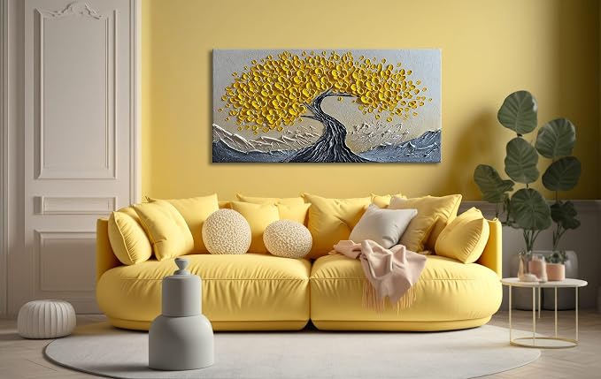 zoinart 3D Oil Paintings, 24"x48", Texture Yellow Tree Wall Art, Abstract Floral Painting Home Decorations Contemporary Art for Living Room Bedroom Office Kitchen Wall Decor