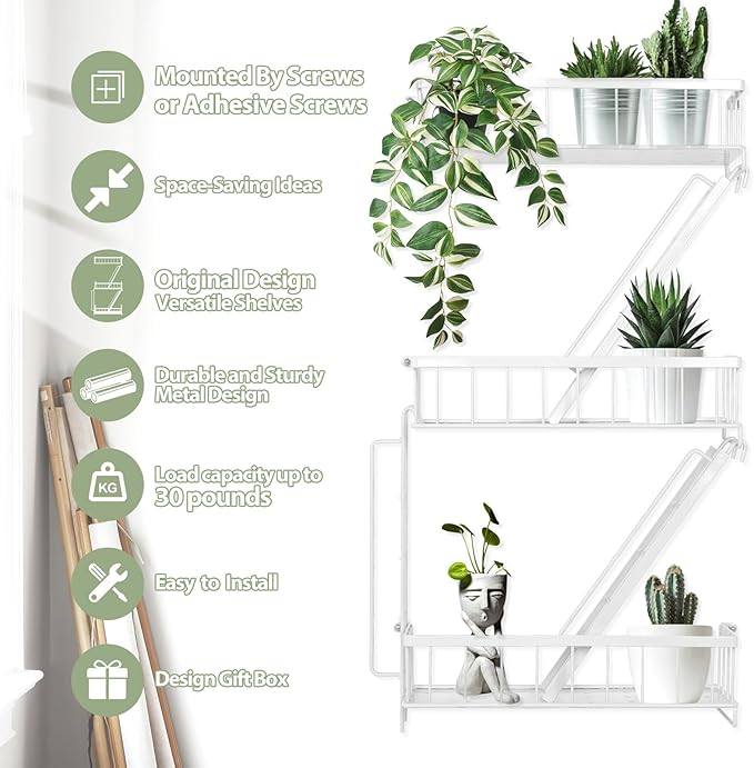SweetSage Fire Escape Shelf - 3 Tier White Wall Display Floating Shelves, Metal Decorative Shelving for Bedroom, Home Décor, Action Figure Display