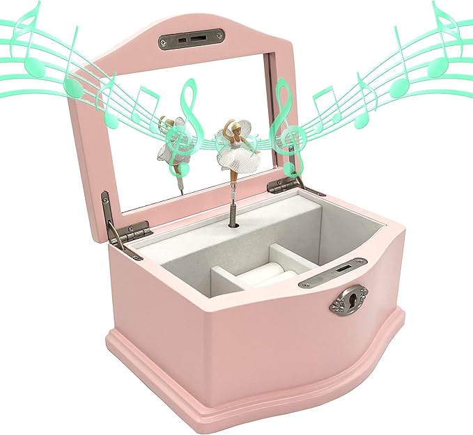 Medium Pink Ballerina Musical Jewelry Box with Mirror and Lock for Girls,Pink Kid's Jewelry Storage Music Chest,Gifts for Christmas,New Year and All Hoidays