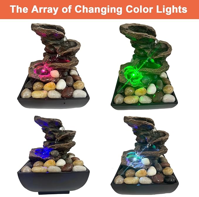 Tabletop Fountain Indoor Waterfall Rock Fountain, Meditation Fountain with Color LED Light, Waterfall Feature for Home Office Decor