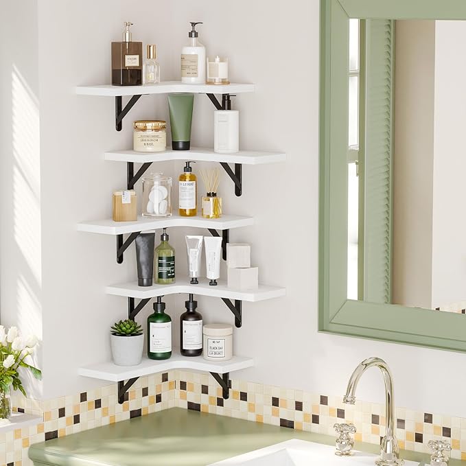 Fixwal Floating Shelves for Wall, Rustic Wood Wall Mounted Corner Shelf for Bathroom, Kitchen, Bedroom, Home Decor, Laundry Room, Living Room, Set of 5 (White)