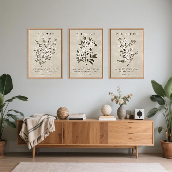 Vintage The Way The Truth The Life Framed Canvas Wall Art Set,Boho Floral Christian Scripture Wall Decor,Religious Botanical Psalm Verse Artwork for Living Room,Bedroom,Prayer Room-16"x24"x3