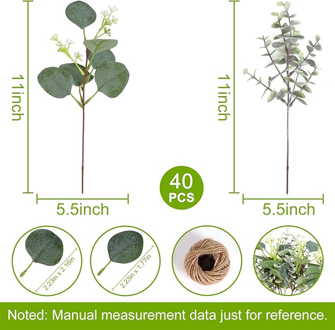 ZeKonan 40 Pcs Artificial Greenery Eucalyptus Stem Silver Dollar Leaves Baby Eucalyptus Leaves Suitable for Family Wedding Vase Centerpieces Bouquet Flower Arrangement