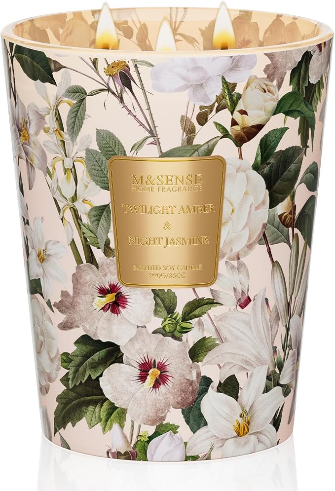 M&SENSE Amber Jasmine Soy Candle, 35oz 3-Wick, Warm Floral Stress Relief | 150H Slow Burn, Non-Toxic, Large Jar, Women Gift, Bedroom Calm, Relaxation, Home Fragrance