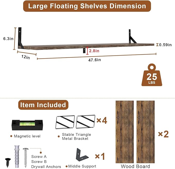Long Wall Shelves, 48" W x 12" D Large Floating Shelves Set of 2, Wide Display Wood Shelf Wall Mounted with Heavy-Duty Metal Brackets for Bedroom Books, Living Room, Kitchen, Rustic Brown