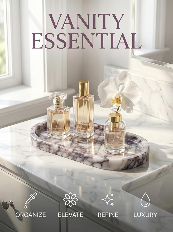 OOBOOB Natural Calacatta Viola Violet Marble Tray, Oval Perfume Tray, Bathroom Organizer for Vanity, Kitchen & Living Room, Perfect for Home Decor Lovers
