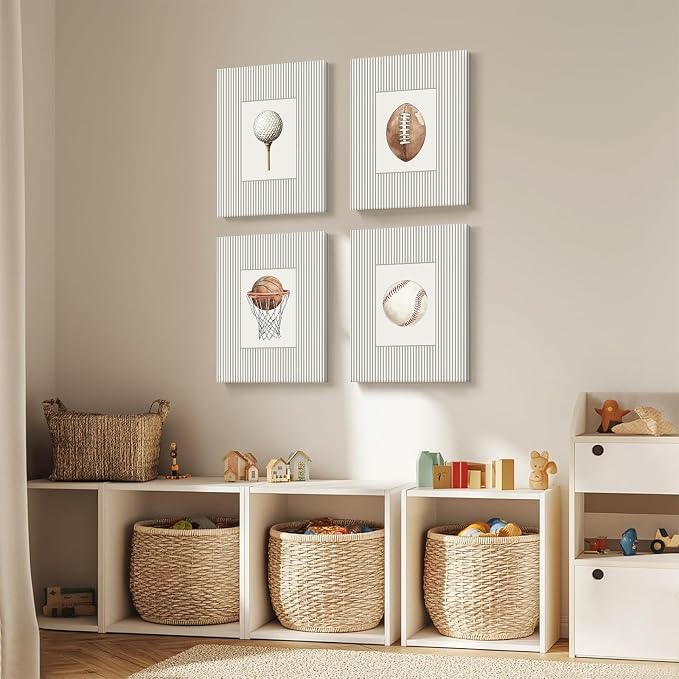 Sports Wall Art Decor Toddler Boys Room Canvas Prints Vintage Sports Nursery Wall Decor Kids Poster Football Baseball Pictures Basketball Golf Painting Artwork for Bedroom 12x16x4 Inch Ready to Hang