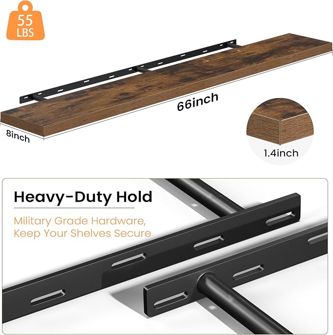 Fun Memories Floating Shelves for Wall, 66 Inch Long Set of 2 Rustic Wood Wall Shelves with Invisible Brackets, Heavy Duty Storage Display for Living Room Bedroom Kitchen, Brown