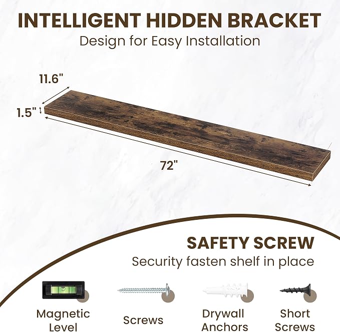 Acovy 72 Inch Long Floating Shelves for Wall Set of 2,12" Deep Wall Shelf,Large Floating Shelf with Invisible Brackets for Bedroom,Bathroom,Kitchen,Farmhouse Home Decor Display Bookshelf,Rustic Brown