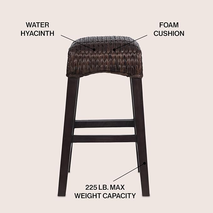JONATHAN Y Maui Coastal Woven Water Hyacinth Counter Stool, Mango Wood Frame, 26" Backless Counter Stool for Kitchen Island with Integrated Footrest, Fully Assembled, Coastal, Dark Brown CSL1101C