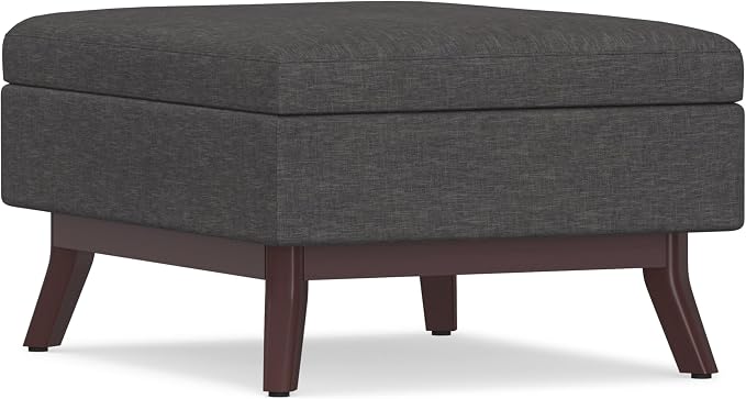 SIMPLIHOME Owen Coffee Table Storage Ottoman - 34" Wide x 19" High Upholstered Linen Look Fabric Rectangular Lift-Top Ottoman in Slate Grey, Mid-Century Modern Bench for Living Room with Tapered Legs