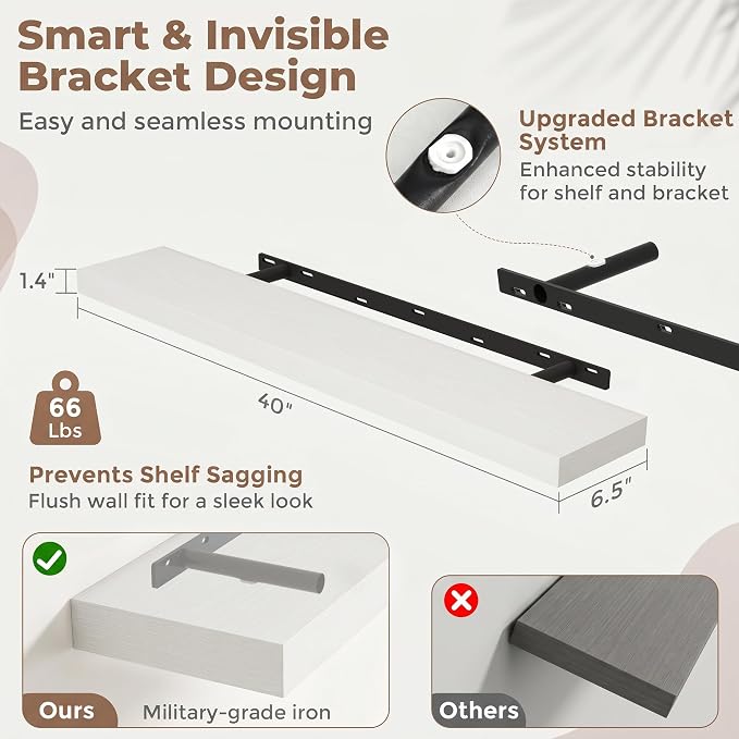 Venusmiles Floating Shelves for Wall, 40 Inch Floating Shelves Set of 2, 6.5" D Wooden Wall Mounted Display Shelves with Invisible Brackets for Living Room, Bedroom, Bathroom, Kitchen Decor, White