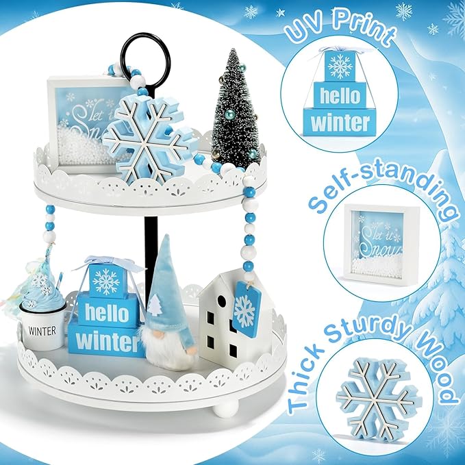 Winter Decoration for Home 8 PCS Tiered Tray Decor Set, Cute Christmas Blue Winter Decor for Shelf Mantel Office Indoor Table Centerpiece Snowflake Signs New Year Holiday Decorations Set