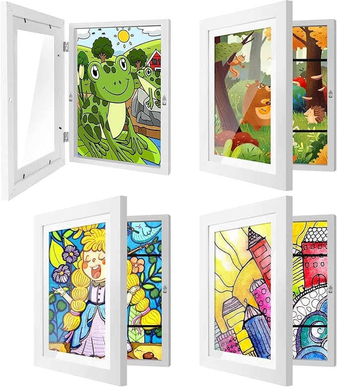 4 Pack Kids Art Frames 9x12 Inch Kids Artwork Flip Frame Changeable for Picture Display, Children School Drawing Projects Storage, Horizontally Vertically Wall Hanging, Front Opening, White