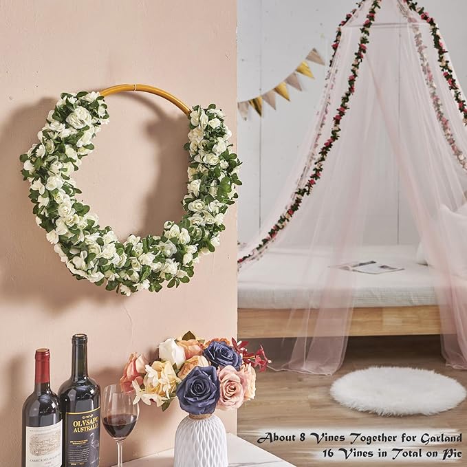 PONKING 6 Pcs x 8.2 ft Flower Garland Artificial Rose Vine Flowers with Green Leaves Hanging Fake Roses Vine for Room Party Home Wedding Birthday Christmas Wall Arch Decor, Spring White Flower
