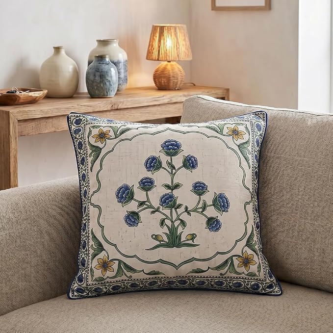 patdrea Designer French Vintage Linen Throw Pillow Cover,18"x18"-Ivar B | Vinage Decorative Pillow Case,Floral Pattern,White Pillow Cover for Couch Living Room Bedroom Sofa Outdoor