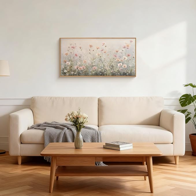 LHIUEM Watercolor Wildflower Framed Canvas Wall Art,Vintage Floral Wall Decor,Nature Pink Daisy Painting,Botanical Flower Artwork for Living Room,Bedroom,Dining Room - 20"x40"x1