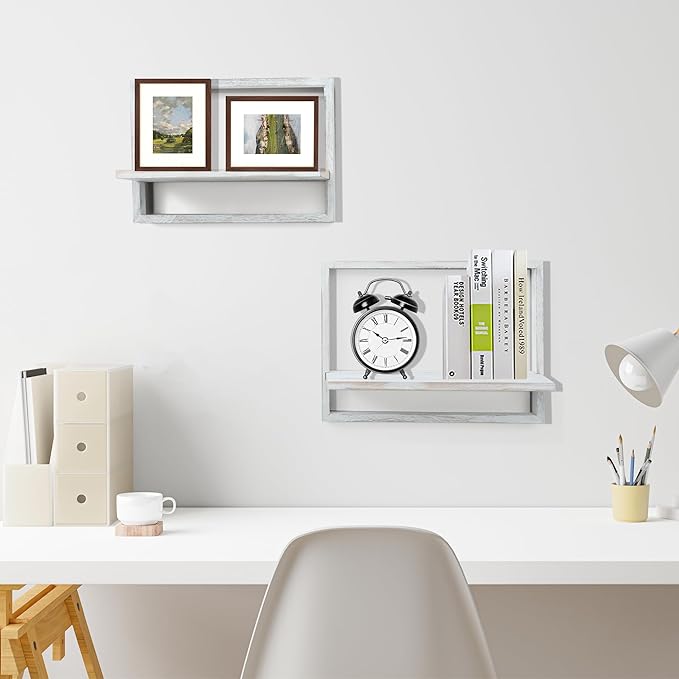 PHOENANCEE Square Floating Shelves,Framed Wall Shelf Decorative Set of 4,Modern Plants Hanging Display Art Decor Storage for Livingroom Bedroom Bathroom Farmhouse,Home Light Wood,Rustic White
