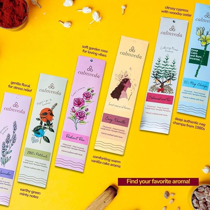 CALMVEDA Natural Incense Sticks Mega - Variety Pack (144 Insence-Sticks Bulk, 12 Aromas) Clean No Charcoal, Made from Upcycled Flowers | Organic Incense Stick Non Toxic (Slow Burn, Longlast)