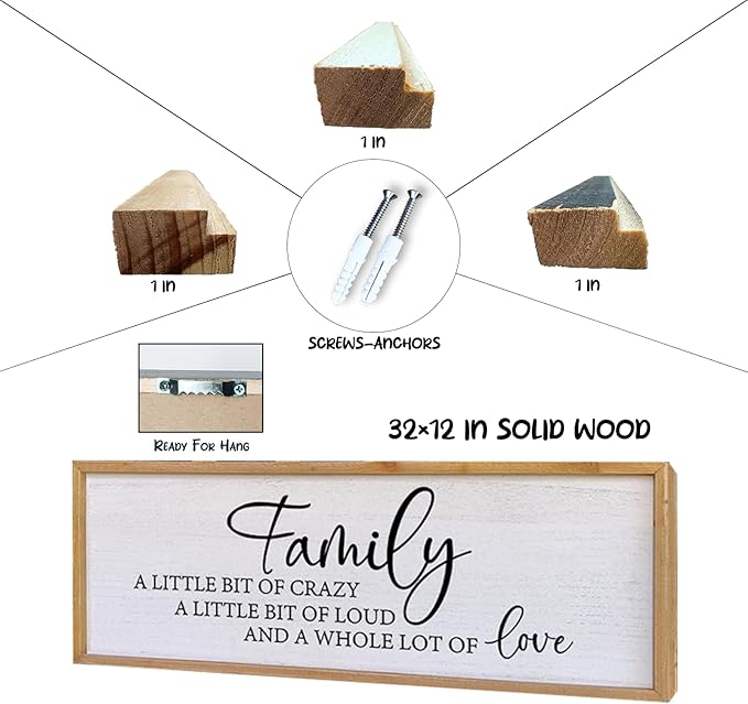 Family A Little Bit Of Crazy Sign Wall Decor 32"×12" Rustic Farmhouse Living Room Large Soild Wood Framed Hallway Hanging Sign Aesthetic Inspirational Quotes Entryway Home Wall Art (Wood)