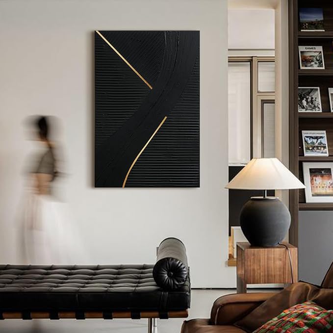 Abstract Black & Gold Canvas Wall Art,3D Line Texture Modern Oil Painting | Hand-Painted Black Vertical Artwork for Living Room Bedroom Office, 24x36 In Large Original Wall Decor, Ready to Hang