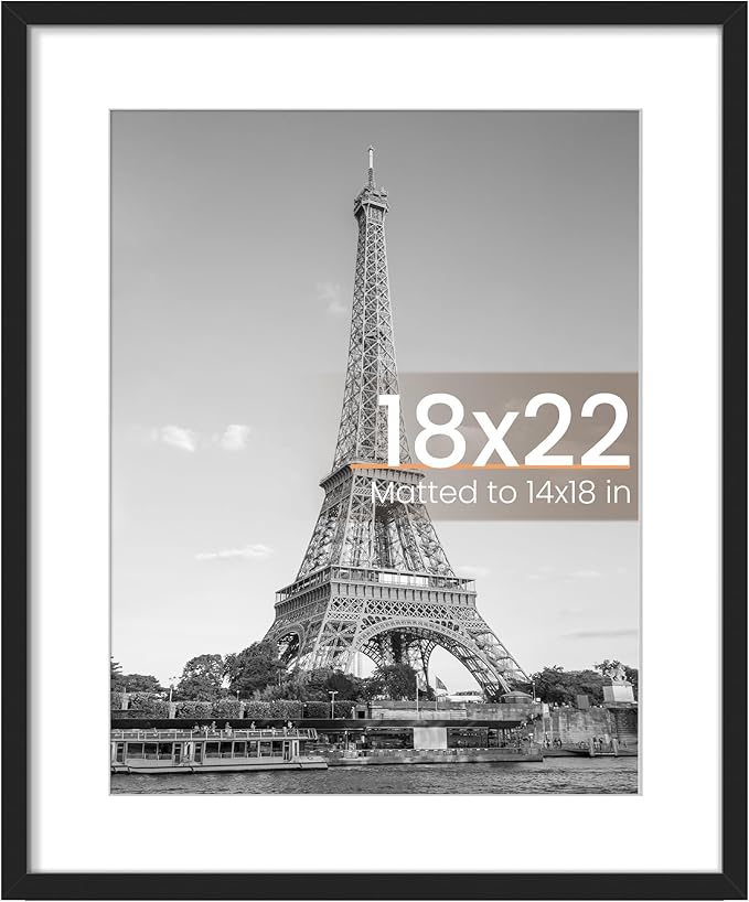upsimples 18x22 Picture Frame, Display Pictures 14x18 with Mat or 18 x 22 Without, Wall Hanging Poster Frames, Black, 1 Pack