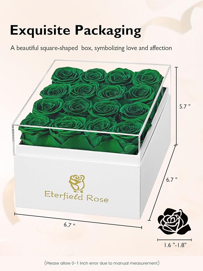 Eterfield Forever Flowers Preserved Roses Real Roses that Last Over a Year Rose Box Gifts for Her Mothers Day Valentines Day Christmas (Square White Box, 16 Blackish Green Roses)