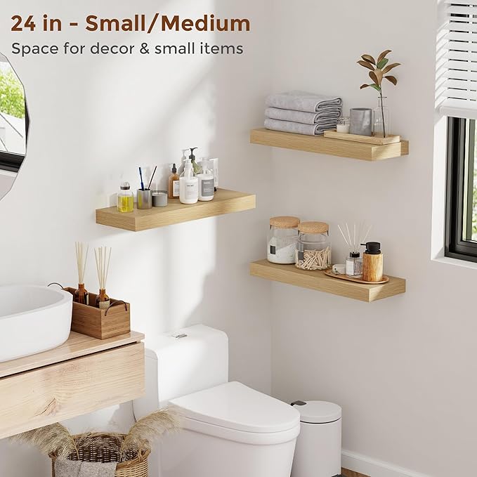 Heimlove 44 Inch Floating Shelves for Wall 8 Inch Deep Oak Shelves Set of 2,Wall Mounted Rustic Wood Long Floating Shelf，Large Display & Storage Shelf with Invisible Brackets