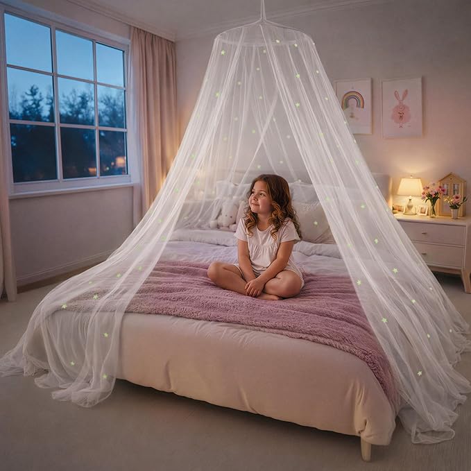 Bollepo Bed Canopy for Girls Bed with Glowing Stars - Princess Room Decor, Ceiling Net to Cover Toddler | Full, Twin Size Kids Bed, Fire Retardant Fabric (White - Stars)