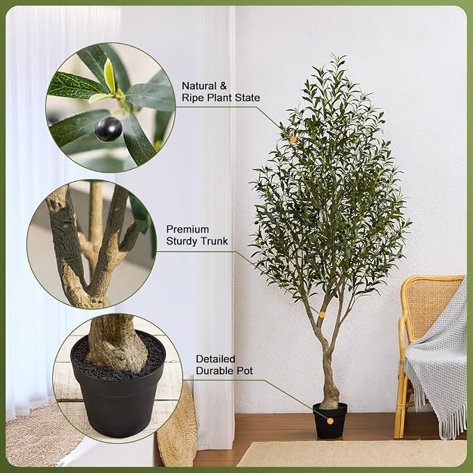 Artificial Olive Tree 7FT Fake Plants Indoor - UV Resistant Faux Olive Tree in Black Pot, Outdoor Tall Faux Silk Tree - Fake Trees for Modern Home Decor,Living Room, Office, Patio, Balcony, VN154