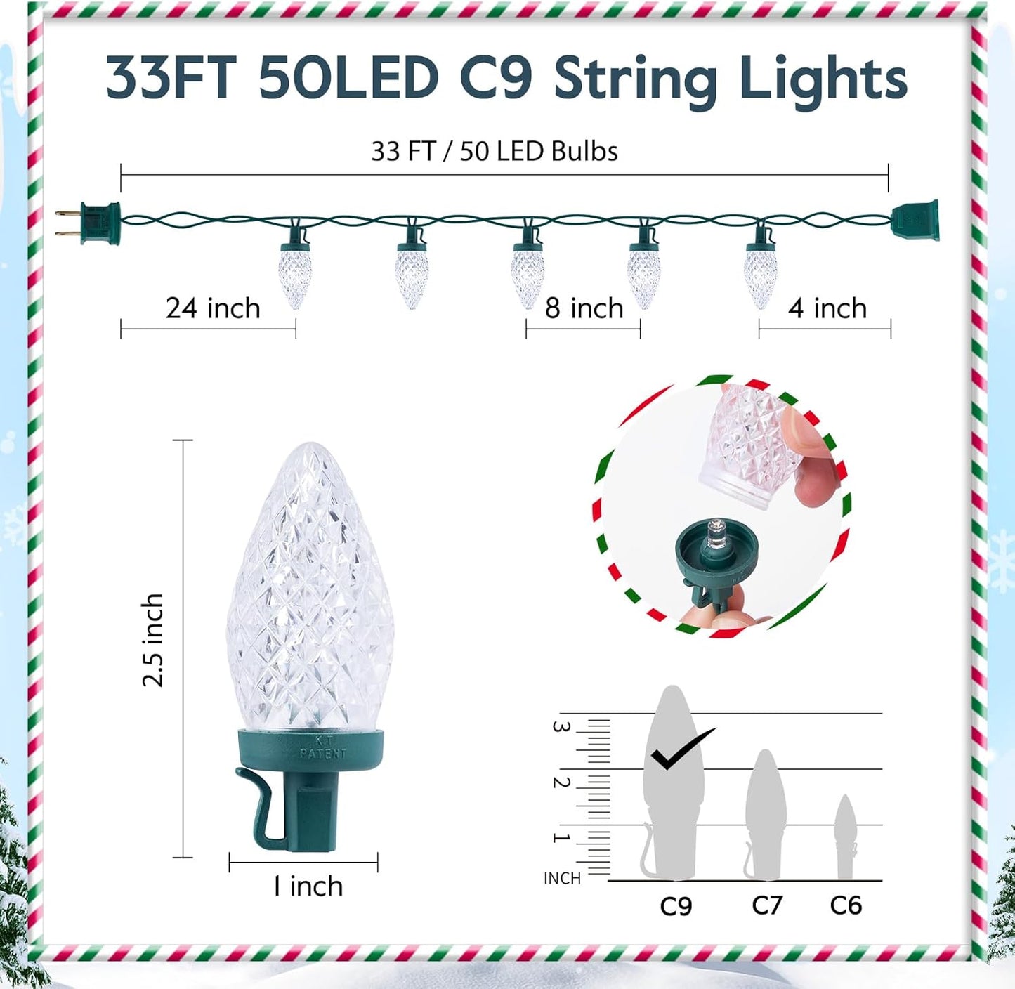 Brightown Red and White C9 LED Christmas String Lights, 33ft 50 LED Waterproof Strawberry String Lights, Plug-in Extendable Green Wire Lights String for Outdoor Indoor Patio Party Decoration