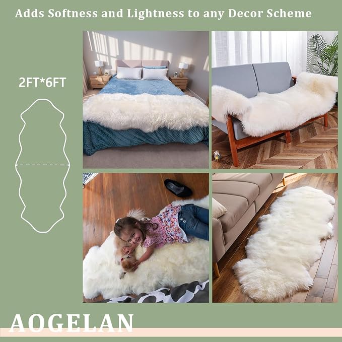 AOGELAN Genuine Sheepskin Rug, Shaggy Fur Fluffy Fuzzy Soft Area Rug for Bedroom Living Room Fur Wool Pray Throw Pup Area Cushion, Chair Sofa Seat Cover(Pansy Purple, Double Pelt/2FT*6FT)