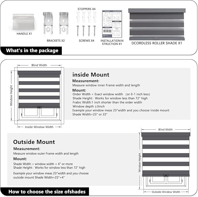 AOSKY Cordless Zebra Blinds for Windows Pull Down Roller Window Shades Dual Layer Light Filtering Privacy for Day and Night, Free-Stop Door Shades for Home Easy to Install (32.5" W X 72" H，Grey)