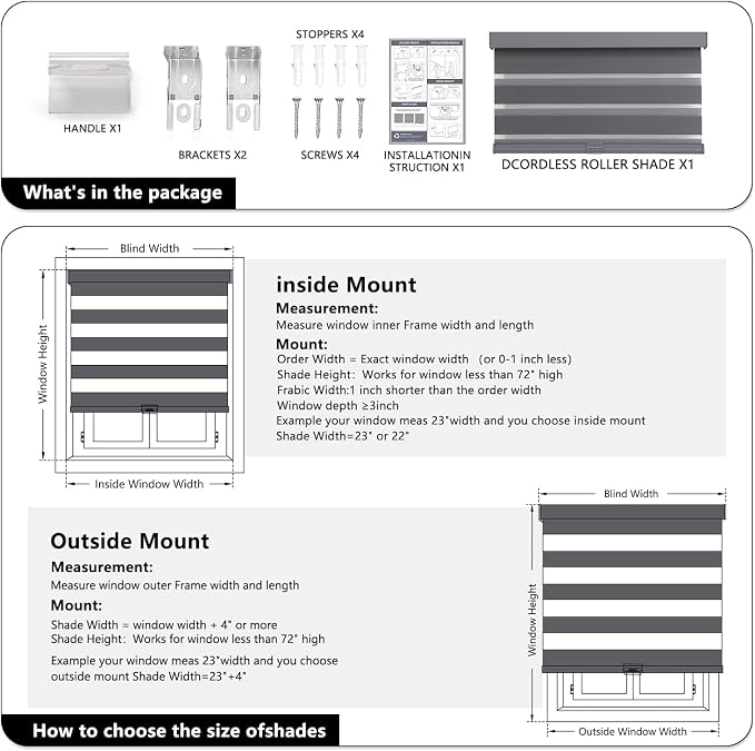 AOSKY Cordless Zebra Blinds for Windows Pull Down Roller Window Shades Dual Layer Light Filtering Privacy for Day and Night, Free-Stop Door Shades for Home Easy to Install (16" W X 72" H, Grey)
