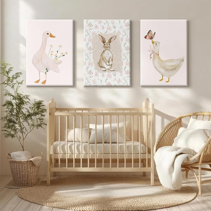 Vintage Nursery Wall Art Goose Canvas Poster Coquette Wall Decor Baby Girl Painting Kids Poster Bunny Rabbit Prints Cute Animal Pictures Duck Artwork for Bedroom Living Room 12x16x3 Inch Ready to Hang
